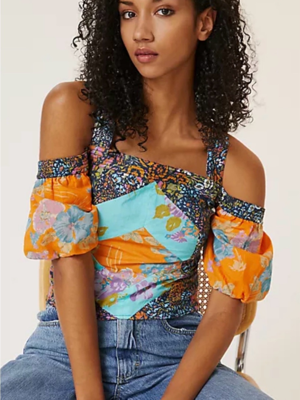 Love The Label Anthropologie Boho Cottagecore Patchwork Puff Sleeve Top XL F93